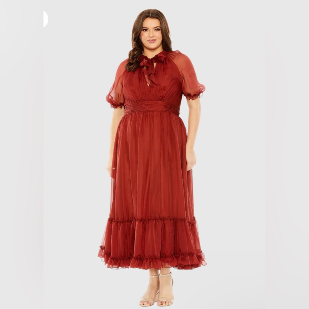 NWT MAC DUGGAL Red Sheer Puff Sleeve Dress